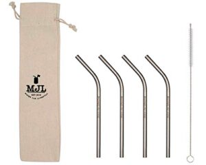 short thin bent stainless steel straws for cocktail glasses, small cups, or half pint mason jars (4 pack + cleaning brush + cloth bag)