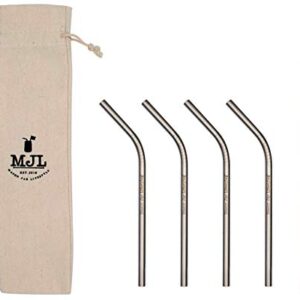 Short Thin Bent Stainless Steel Straws for Cocktail Glasses, Small Cups, or Half Pint Mason Jars (4 Pack + Cleaning Brush + Cloth Bag)