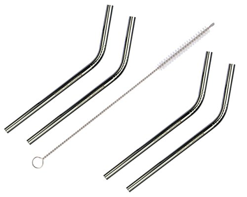 Short Thin Bent Stainless Steel Straws for Cocktail Glasses, Small Cups, or Half Pint Mason Jars (4 Pack + Cleaning Brush + Cloth Bag)