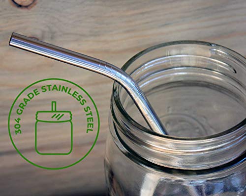 Short Thin Bent Stainless Steel Straws for Cocktail Glasses, Small Cups, or Half Pint Mason Jars (4 Pack + Cleaning Brush + Cloth Bag)