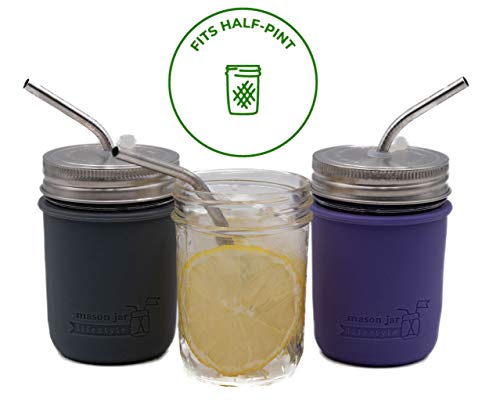 Short Thin Bent Stainless Steel Straws for Cocktail Glasses, Small Cups, or Half Pint Mason Jars (4 Pack + Cleaning Brush + Cloth Bag)