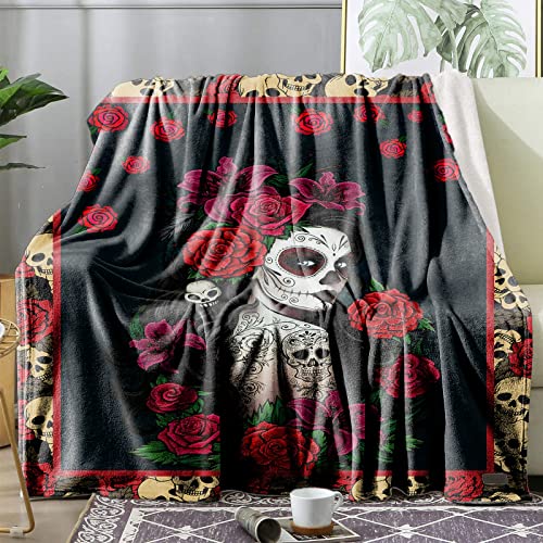 Day of The Dead Sugar Skull Blanket Rose Flowers Throw Fleece Blankets Rug Soft for Gift Bed Sofa 60"X50" Lightweight Flannel Blanket Bedding