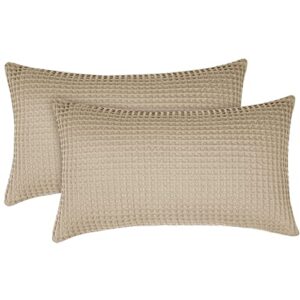 PHF 100% Cotton Waffle Weave Lumbar Pillow Cover 12" x 20", 2 Pack Elegant Home Decorative Rectangle Throw Pillow Covers for Bed Couch Sofa, Khaki (No Insert)