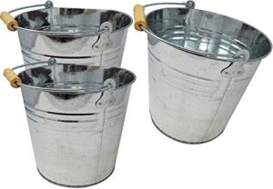 large 2 gallon metal bucket (3 pack) pail tins silver w/wood handle for gifts basket, ice, beer or candy – 10” top x 9” h x 7.5” bottom