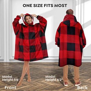 BALEINEHOME Oversized Wearable Blanket Hoodie, Thick Sherpa Fleece Super Warm Blanket Sweatshirt with Zippers and Giant Pocket, for Women and Men (Buffalo Check Red/Black, Zipper)