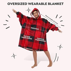 BALEINEHOME Oversized Wearable Blanket Hoodie, Thick Sherpa Fleece Super Warm Blanket Sweatshirt with Zippers and Giant Pocket, for Women and Men (Buffalo Check Red/Black, Zipper)