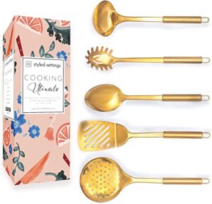 brass/gold cooking utensils set for modern cooking and serving - 5 pc dishwasher safe stainless steel gold utensils set - gold serving spoon, gold ladle - gold kitchen utensils for gold kitchen