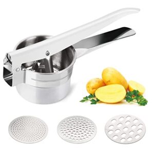 potato ricer stainless steel potato masher, food ricer, fruit and vegetables press with 3 removable and interchangeable discs, manual masher ricer kitchen tool