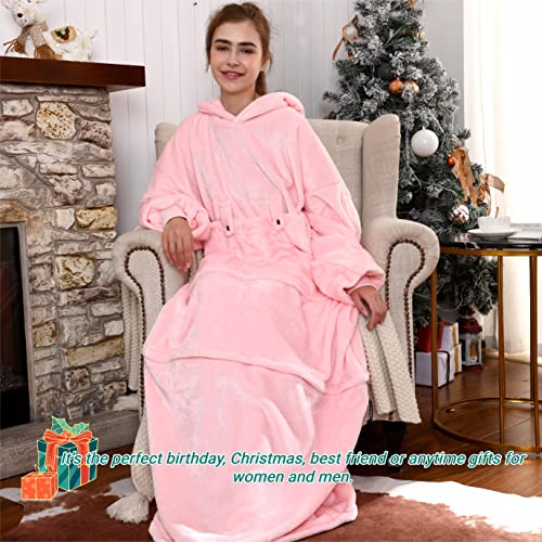 Iplusmall Super Warm Wearable Blanket Hoodie, Adjustable Length Flannel Hooded Snuggies Sherpa One Size Fits All, Oversized Blanket with Giant Pocket Zipper for Adult Kids Women as A Gift, Pink