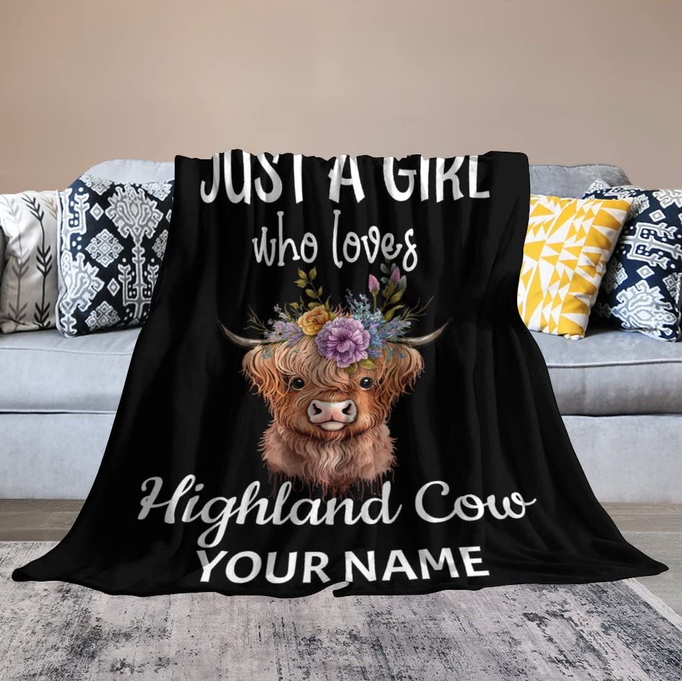 Custom Highland Cow Blanket Gifts, 60"x80" Cute Farm Animal Blanket for Girls Adults, Soft Cozy Fleece Plush Warm Flannel Blankets for Sofa Bed Couch