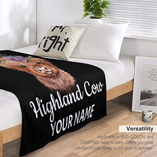 Custom Highland Cow Blanket Gifts, 60"x80" Cute Farm Animal Blanket for Girls Adults, Soft Cozy Fleece Plush Warm Flannel Blankets for Sofa Bed Couch