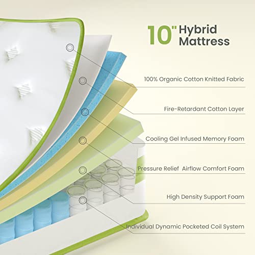 Dourxi Twin Mattress 10 Inch, Hybrid Mattress with Cooling Gel Memory Foam and Pocket Spring, Organic Cotton Fabric Cover, Mattress in a Box, Medium Firm Feel, 39"*75"*10", Twin