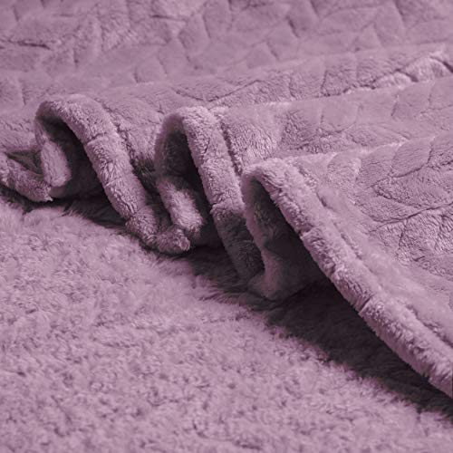 Kingole Flannel Fleece Luxury Throw Jacquard Weave Blanket, Lavender Queen Size Leaf Pattern Cozy Couch/Bed Super Soft and Warm Plush Microfiber 350GSM (90 x 90 inches)