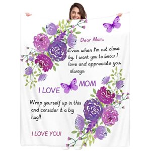 gifts for mom, mom gifts from daughter son, mom birthday gifts, mother's day blanket gifts for mom, soft warm purple flowers butterfly flannel throw blankets for mom 60''x50''