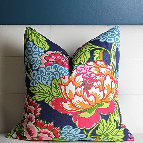 Chinoiserie Peony Navy Pink High End - Throw Pillow Covers Handmade Comfortable Cotton and Linen Pillowcases Soft Cushion Family Decor for Car Home Sofa Living Room Bedroom Outdoor 20" x 20"