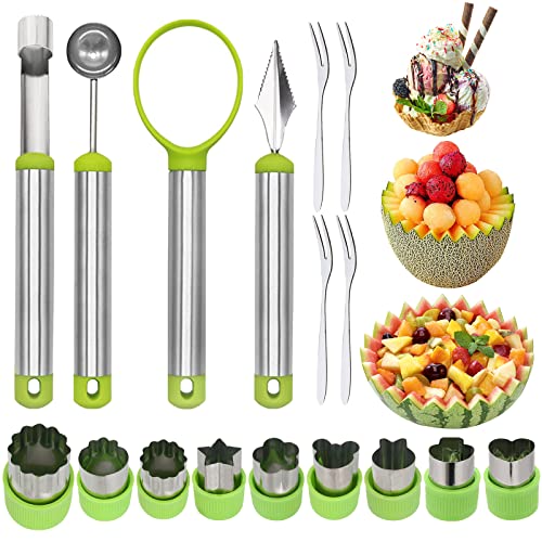 17 Pack Melon Baller Scoop Set - 4 in 1 Stainless Steel Fruit Tool Set Fruit Scooper Seed Remover with Fruit Vegetable Cutter Shapes Set Fruit Peeler for Fruit Slicer Dig Pulp Separator (A)