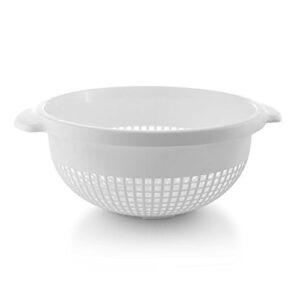 ybm home deep plastic strainer colander with handle – made of food safe bpa-free plastic - durable and dishwasher safe - use for pasta, noodles, spaghetti, vegetables and more (1, white)