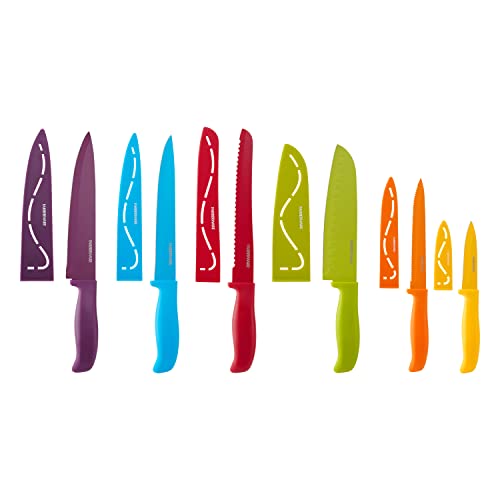 Farberware 12-Piece Non-Stick Resin, Dishwasher-Safe Kitchen Knife Set with Custom-Fit Blade Covers, Razor-Sharp, Multicolor