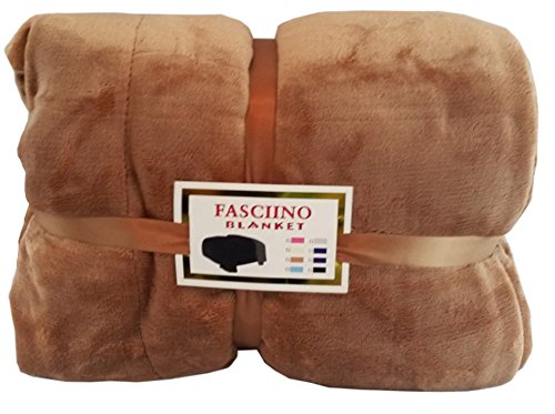 FASCIINO Super Soft Plush Velour Mink Borrego Blanket Throw Queen or Full Size Bed (Camel Brown)