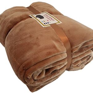 FASCIINO Super Soft Plush Velour Mink Borrego Blanket Throw Queen or Full Size Bed (Camel Brown)