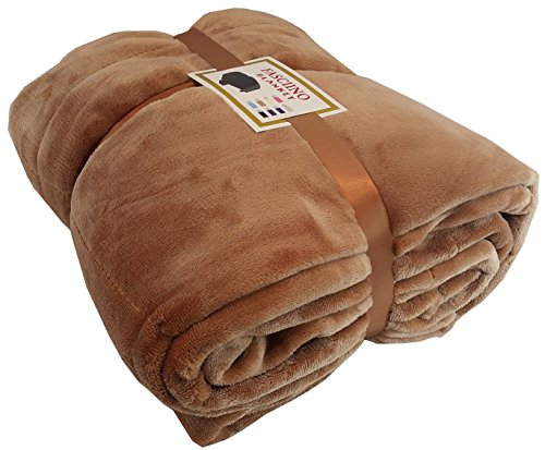 FASCIINO Super Soft Plush Velour Mink Borrego Blanket Throw Queen or Full Size Bed (Camel Brown)