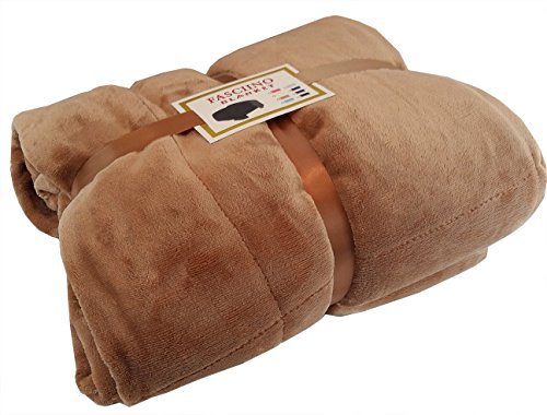 FASCIINO Super Soft Plush Velour Mink Borrego Blanket Throw Queen or Full Size Bed (Camel Brown)