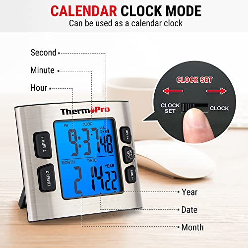 ThermoPro TM02 Digital Kitchen Timer with Dual Countdown Stop Watches Timer/Magnetic Timer Clock with Adjustable Loud Alarm and Backlight LCD Big Digits/ 24 Hour Digital Timer for Kids Teachers