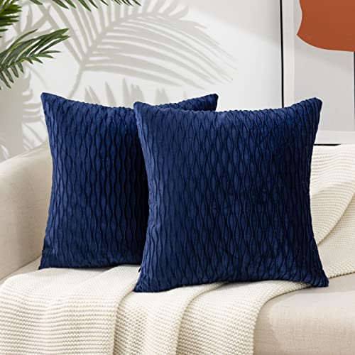 ETASOP Throw Pillows with Inserts Included 18x18, 2 Pack Velvet Decorative Pillow Covers with Inserts Farmhouse Home Decor (Navy)