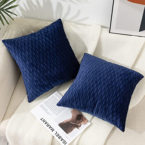 ETASOP Throw Pillows with Inserts Included 18x18, 2 Pack Velvet Decorative Pillow Covers with Inserts Farmhouse Home Decor (Navy)