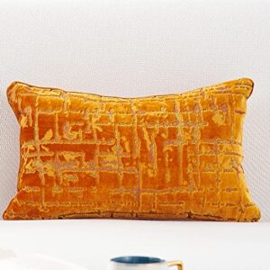 alerfa 12 x 20 inch rectangle geometrical plaid striped embroidery cut velvet cushion case luxury modern lumbar throw pillow cover decorative pillow for couch sofa living room bedroom car, orange