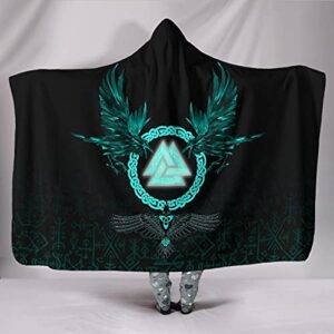 yabeme sherpa hooded blanket cloak, novelty custom norse viking three raven and valknut tattoo pattern, flannel lining super soft cozy home leisure,adult 60 x 80 inch