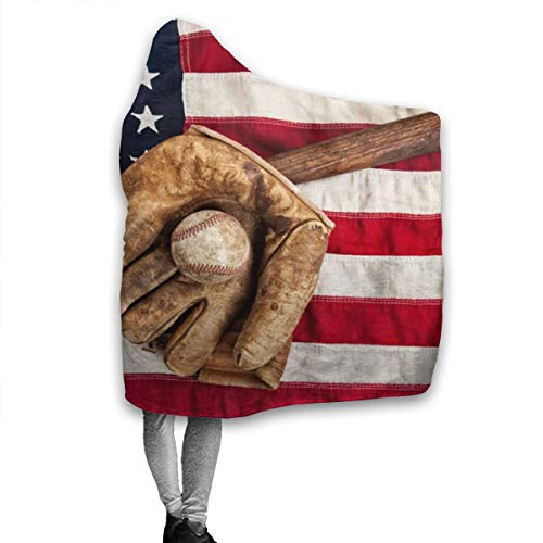 Vintage Baseball On American Flag Hoodie Blanket Wearable Throw Blankets for Couch Blanket Hooded for Baby Kids Men Women