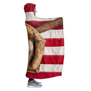 Vintage Baseball On American Flag Hoodie Blanket Wearable Throw Blankets for Couch Blanket Hooded for Baby Kids Men Women