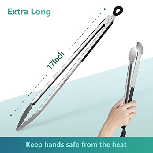 Grill Tongs, 17 Inch Extra Long Kitchen Tongs, Premium Stainless Steel Tongs for Cooking, Grilling, Barbecue/BBQ, Buffet (17” 1PC)