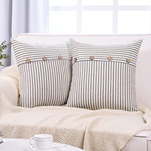 farmhouse button pillow covers 18 x 18, black and beige striped patchwork pillow covers, set of 2 modern accent square couch pillow cases, decorative pillowcases with buttons for sofa couch bed