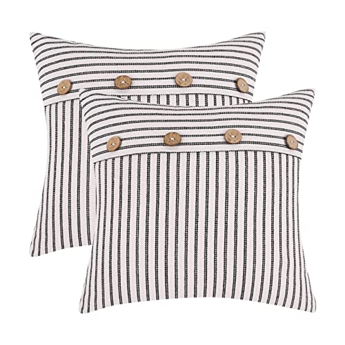 Farmhouse Button Pillow Covers 18 x 18, Black and Beige Striped Patchwork Pillow Covers, Set of 2 Modern Accent Square Couch Pillow Cases, Decorative Pillowcases with Buttons for Sofa Couch Bed