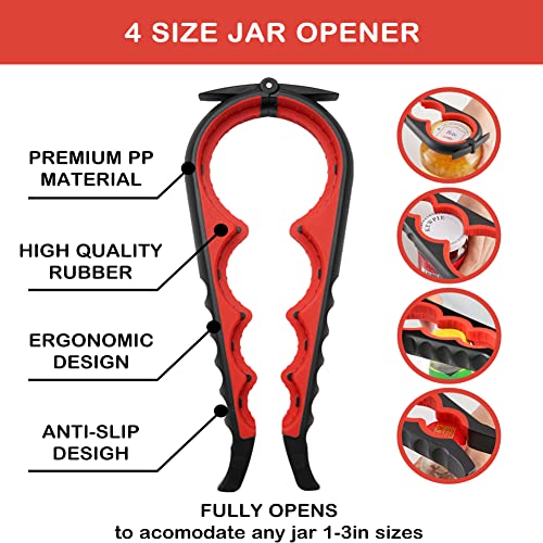 Jar Opener for Weak Hands, Easy Twist Jar Opener For Seniors with Arthritis, 5 in 1 Multi Function Bottle Opener Lid Opener For Arthritic Hands with Non Slip Rubber Jar Gripper Pad(3-piece set, Red)