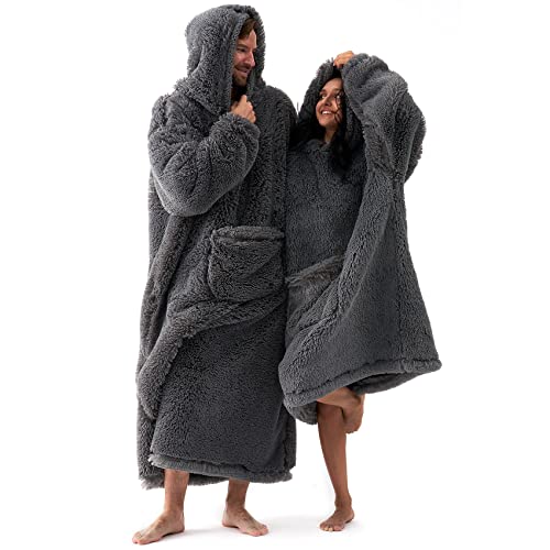 EHEYCIGA Wearable Blanket Hoodie, Shaggy Faux Fur with Big Handy Pockets and Sleeves for Adult as A Gift, Ultra Soft Plush Fuzzy Wearble Blanket for Adult (Grey,Regular Oversize)