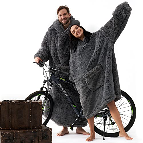 EHEYCIGA Wearable Blanket Hoodie, Shaggy Faux Fur with Big Handy Pockets and Sleeves for Adult as A Gift, Ultra Soft Plush Fuzzy Wearble Blanket for Adult (Grey,Regular Oversize)