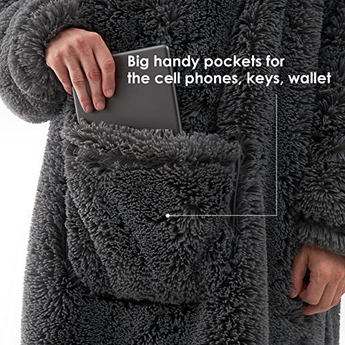 EHEYCIGA Wearable Blanket Hoodie, Shaggy Faux Fur with Big Handy Pockets and Sleeves for Adult as A Gift, Ultra Soft Plush Fuzzy Wearble Blanket for Adult (Grey,Regular Oversize)