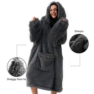 EHEYCIGA Wearable Blanket Hoodie, Shaggy Faux Fur with Big Handy Pockets and Sleeves for Adult as A Gift, Ultra Soft Plush Fuzzy Wearble Blanket for Adult (Grey,Regular Oversize)