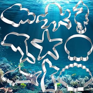 ocean creature mermaid cookie cutters set 9 pcs metal cookie cutters for baking dolphin,clownfish,mermaid tail,octopus,seahorse,starfish,seashell,jellyfish,shark cookie cutters molds