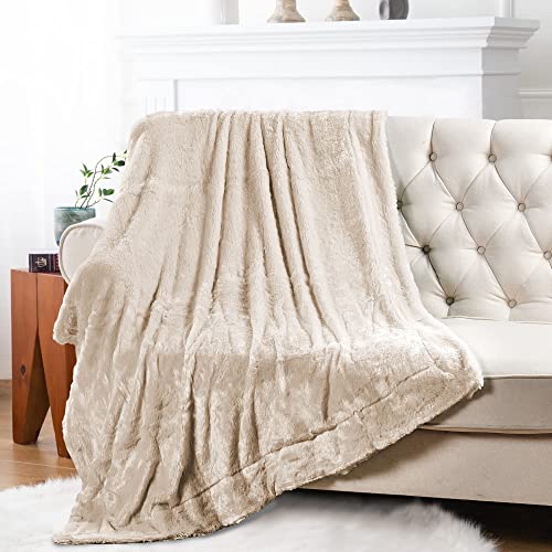 Home Soft Things Double Sided Faux Fur Bed Couch Throw Blanket, Oatmeal, 70'' x 80'', Soft Luxurious Warm Heavy Cuddly Throw Blanket for Couch Sofa Chair Home Décor