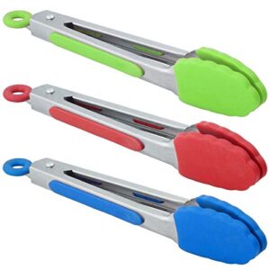 hinmay small tongs with silicone tips 7-inch mini serving tongs, set of 3 (red blue green)