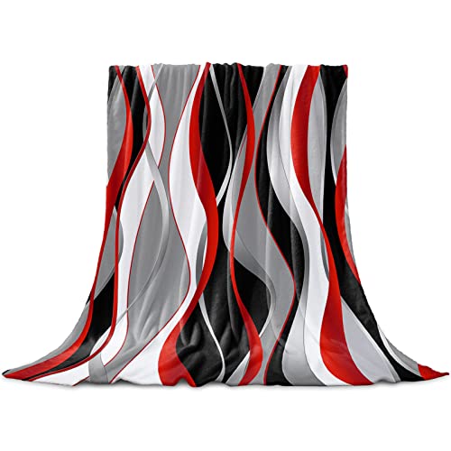 Red Black Grey Throw Blanket Flannel Fleece, Soft Plush Cozy Baby Blankets, Modern White Moire Geometric Abstract Art Blankets Throws Warn Fuzzy Blanket for Couch/Sofa/Chair/Travel 50"x60"