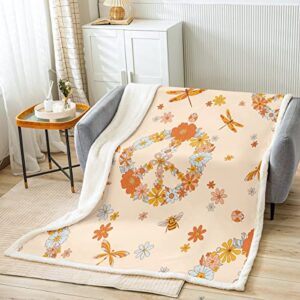 Retro 60S 70S Throw Blanket Baby 30"X40" Groovy Flower Power Peace Sign Bed Blanket Boho Honeybee Ladybug Dragonfly Fleece Blanket Gift For Women Girls,Peace Wreath Flannel Blanket Yellow Orange