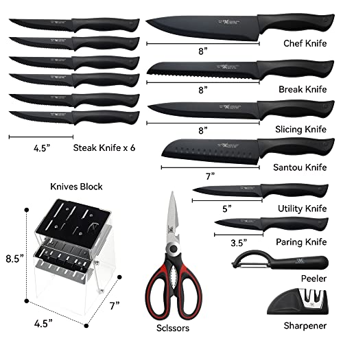 HUNTER Knife Set, Kitchen Knife Set 16PCS black knife set, knife set with Acrylic Stand, Knife Set Dishwasher Safe, Sharp knife set, Elegant Black