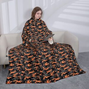 camouflage fleece wearable blanket with sleeves pocket, camo orange grey black warm soft and cozy functional blankets, military style gifts for women girlfriend mom wife and daughter, 50"x50"
