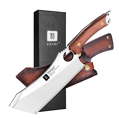 TIVOLI Meat Cleaver Knife Japanese Kitchen Vegetable Knife Sharp Forged In Fire Full Tang Cleaver Knife with Sheath Gift Box Bottle Opener for Outdoor Camping Thanksgiving Christmas Gifts