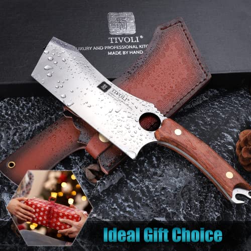 TIVOLI Meat Cleaver Knife Japanese Kitchen Vegetable Knife Sharp Forged In Fire Full Tang Cleaver Knife with Sheath Gift Box Bottle Opener for Outdoor Camping Thanksgiving Christmas Gifts